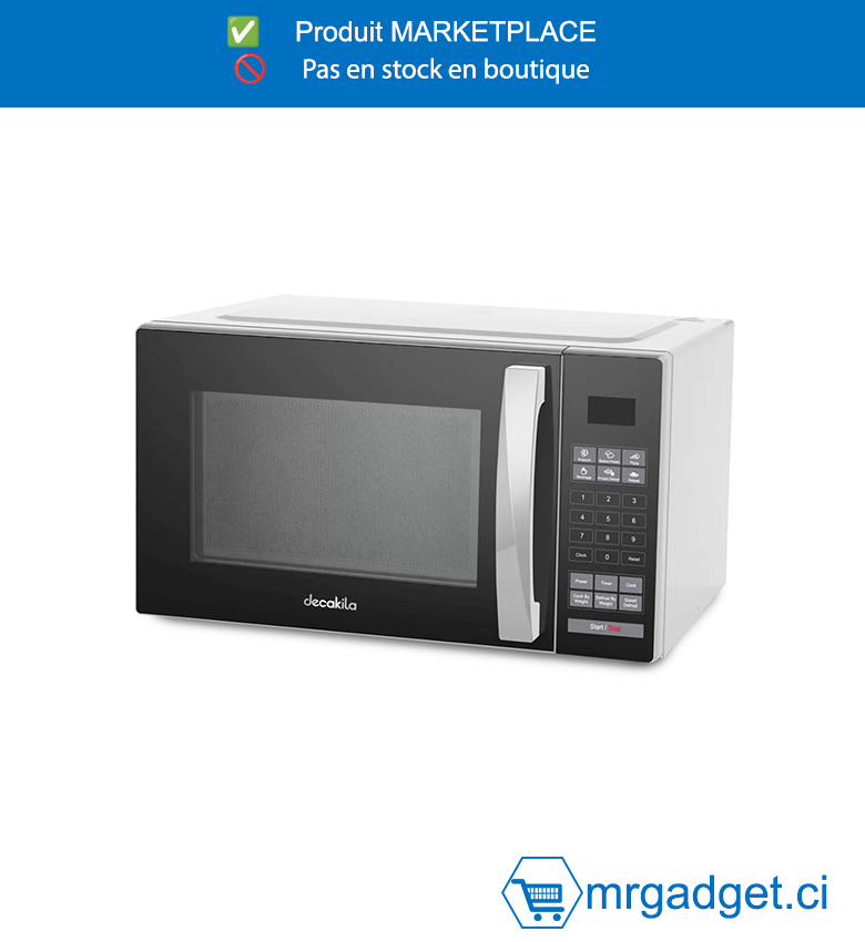 DECAKILA MICRO-ONDES  AVEC MINITEUR DIGITAL - KEMC009W - Tension : 220-240 V 50 Hz. Capacité : 25 L (0,9 pi³) Puissance micro-ondes : 900 W - Minuterie numérique 99 minutes et 99 secondes et affichage LED jaune