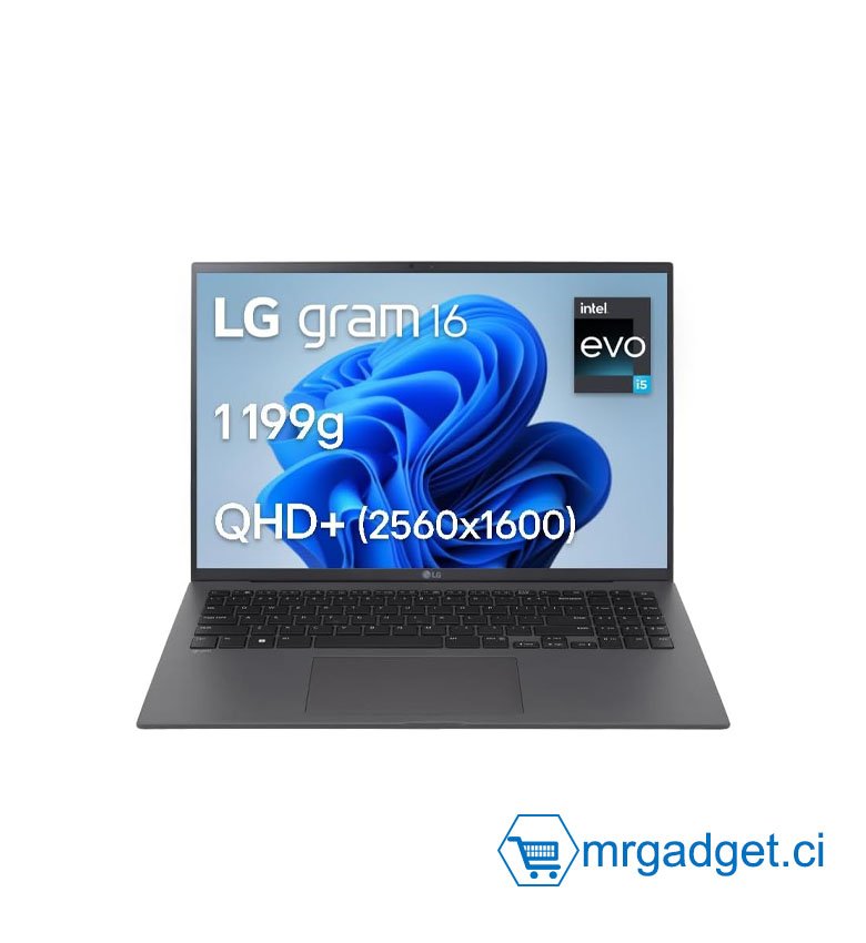 LG gram 16Z90R-G.AA79F - PC portable 16" 1199g, écran IPS QHD+ format 16:10, Intel® Evo™ i7-1360P, RAM 16Go, SSD 1To NVMe, Intel Iris Xe Graphics, Thunderbolt™ 4,,