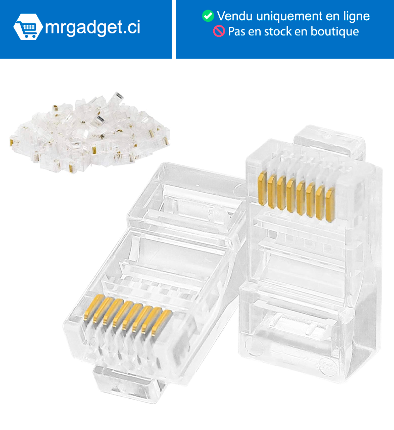 Lot de 50  fiches modulaires RJ45 CAT6 à sertir 8P8C   pour câble torsadé CAT5, CAT5E, CAT6 UTP