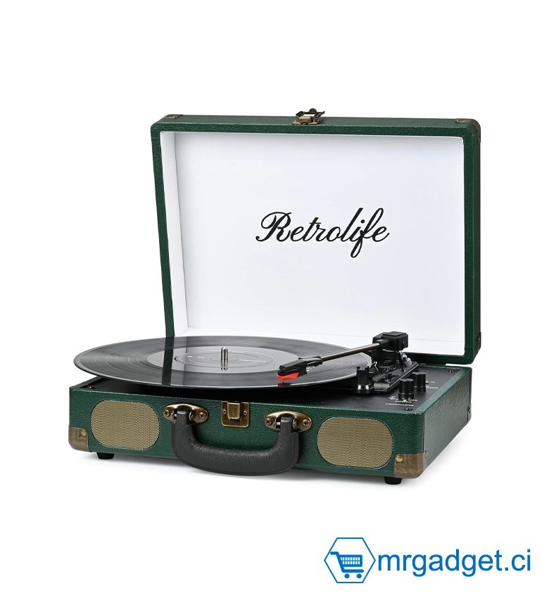 Platine Vinyle Vintage Suitcase Turntable R609 – Lecteur Bluetooth avec Port Jack Auxiliaire – Vert Profond