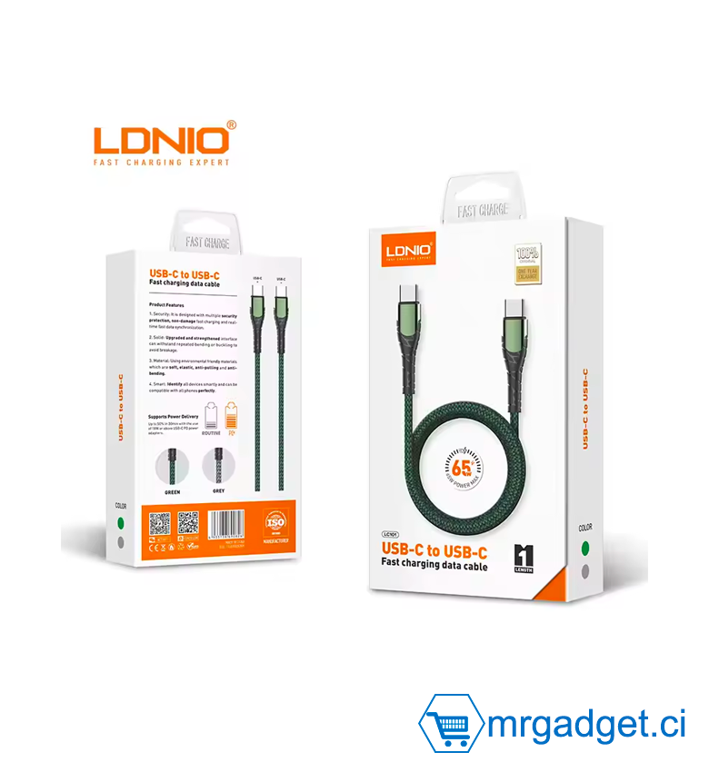 LDNIO LC101 65W 100CM câble de données câble Usb c pour téléphone chargeur mural Usb téléphone portable Type c câble de chargeur rapide (Vert)