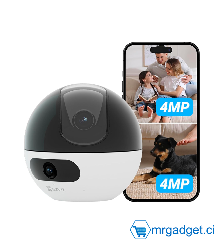 EZVIZ C7 Caméra de Surveillance WiFi Intérieure 4MP à Double Objectif, Caméra de Sécurité 360°, Détection de Personne/Animal, Audio Bidirectionnel, Vision Nocturne, Mode Patrouille/Confidentialité
