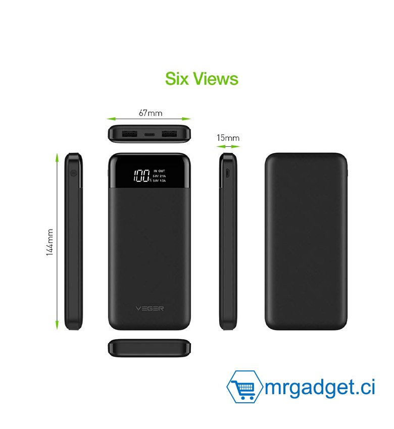 VEGER Powerbank ( Chargeur Portable ) Compatible Toute Marque De Téléphone - 10000 MAh - Charge Rapide - Noir