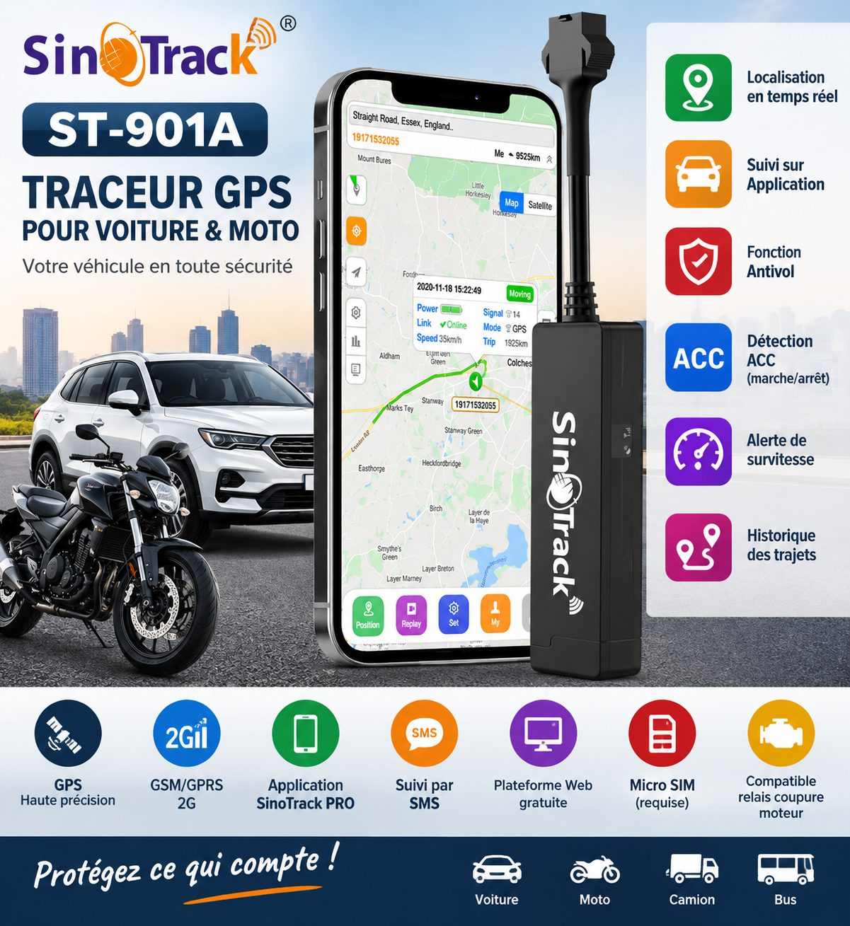 Traceur GPS Voiture & Moto SinoTrack ST-901A – Localisateur GPS Temps Réel, Suivi Antivol, ACC, SMS/GPRS avec Application