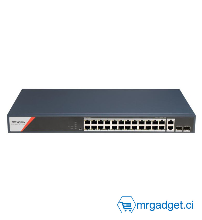Hikvision DS-3E1528HP-SI-24P2T2F - Switch Smart Managé 24 Ports Gigabit PoE - 2 Uplinks RJ45 + 2 SFP - Budget 370W avec Support Hi-PoE BT - Technologie PoE Watchdog - Idéal pour Caméras IP PTZ et Réseaux de Surveillance