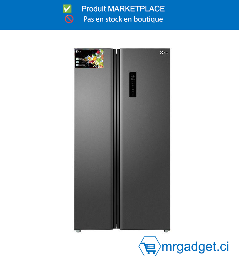 Réfrigérateur Américain Side-by-Side ATL 612L - No-Frost - Moteur Inverter Économe (Classe A+) - 2 Portes Coloris Gris - Gaz R600a - Design Moderne & Grande Capacité - Modèle ATL-2A830