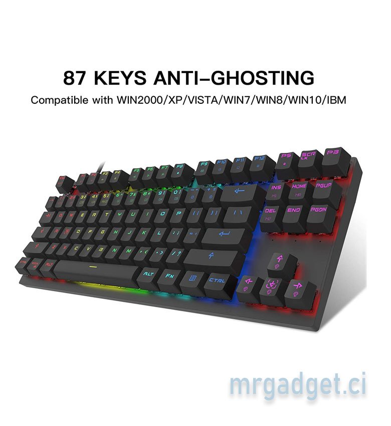 Motospeed  CK82 Clavier Gaming mécanique sans fil/filaire 2,4 GHz à 87 touches, commutateurs bleus rétroéclairés à LED, clavier de jeu de type C pour le jeu et la saisie, compatible pour Mac/PC - Clavier Noir / Switch Bleu