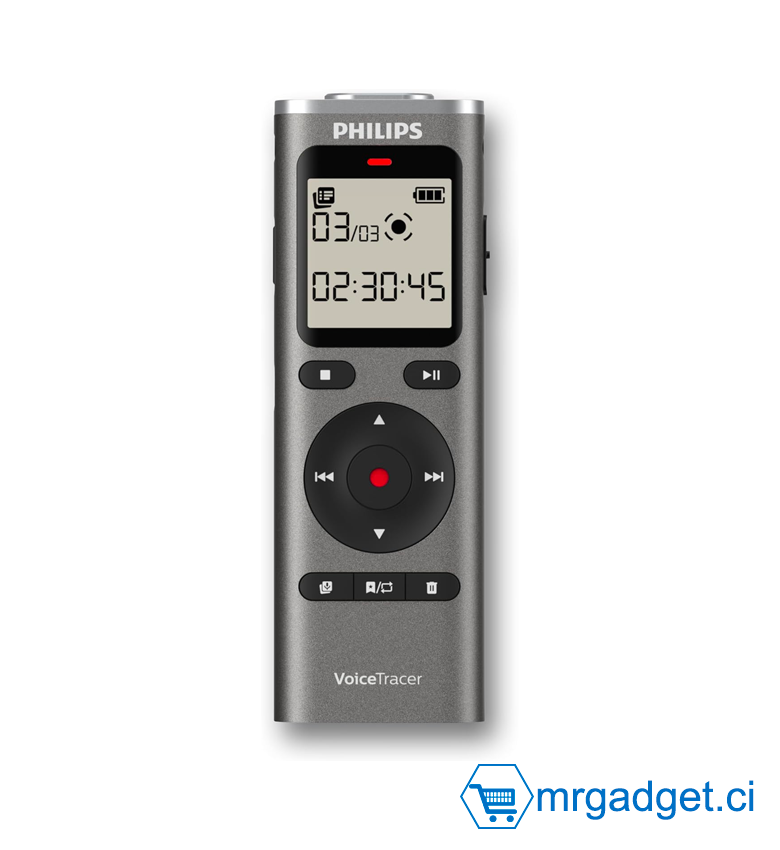 Enregistreur Audio Philips VoiceTracer DVT1170 - Dictaphone Numérique 8Go (Stockage 120 heures) - Connexion PC USB - Enregistrement vocal une touche - Idéal Études et Réunions