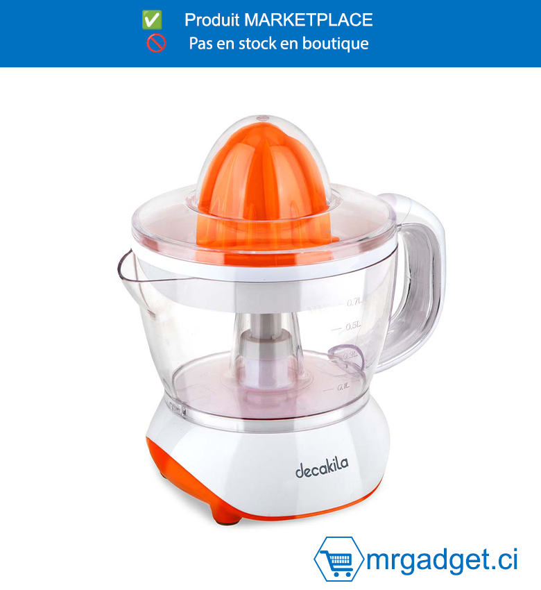 DECAKILA- KEJC007W-PRESSE AGRUMES 0.7L/25W  + BOL TRANSPARENT,Tasse à jus transparente Fonction Jog, le moteur  peut tourner dans les deux positions Pichet  amovible pour un versement facile Emballé dans  une boîte de couleur