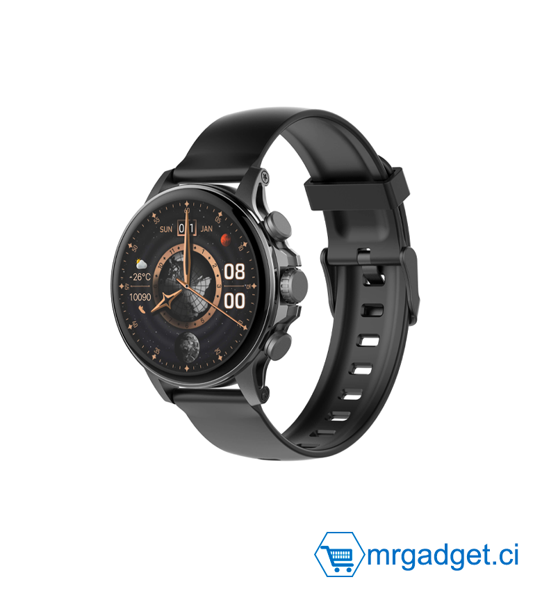 Montre connectée TWS avec écran AMOLED - LDNIO SW01, appels, notifications (réveil, calendrier). Bracelet silicone, étanche IP68, compatible Android - Noir