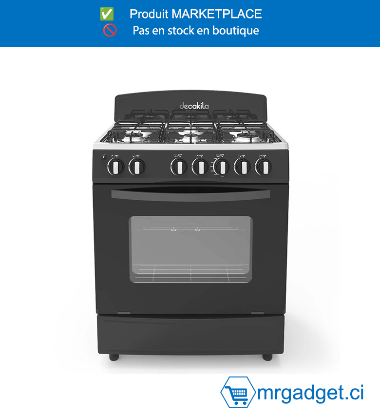 DECAKILA GAZINIERE - KUGS004B - Cuisinière à gaz ,Dispositif d'allumage  manuel Lampe de four Brûleur à gaz inférieur dans le four,Porte du four en verre  trempé entièrement noir et poignée peinte en  noir Six brûleurs émaillés noirs ensembles