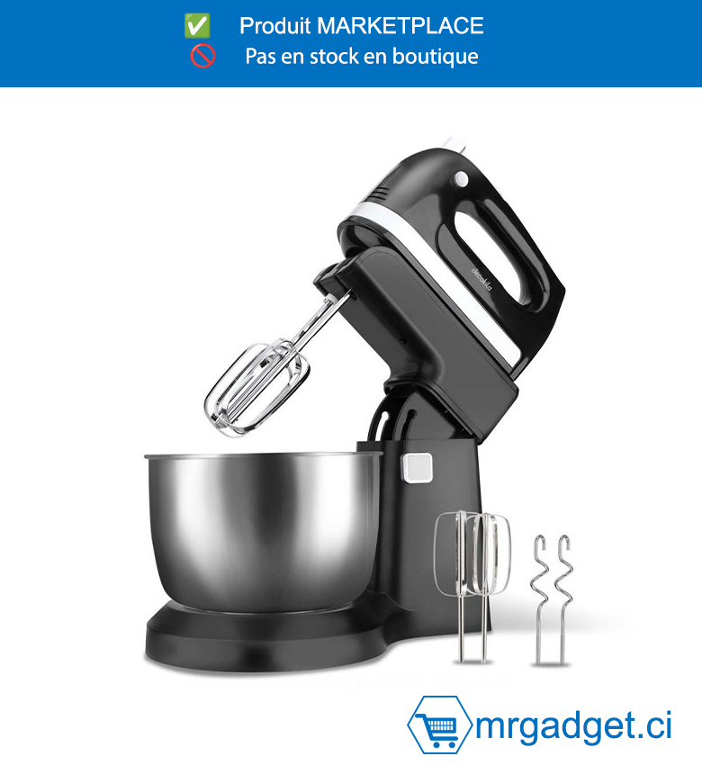 DECAKILA- KEMX012B-BATTEUR ELECTRIQUE  250W+BOL INOX 3,5, Bol en acier inoxydable de 3,5 L 5 vitesses avec  turbo Avec contrôle de vitesse  Avec 2 batteurs et crochets pétrisseurs Bol  batteur à rotation automatique Emballé par  boîte de couleur
