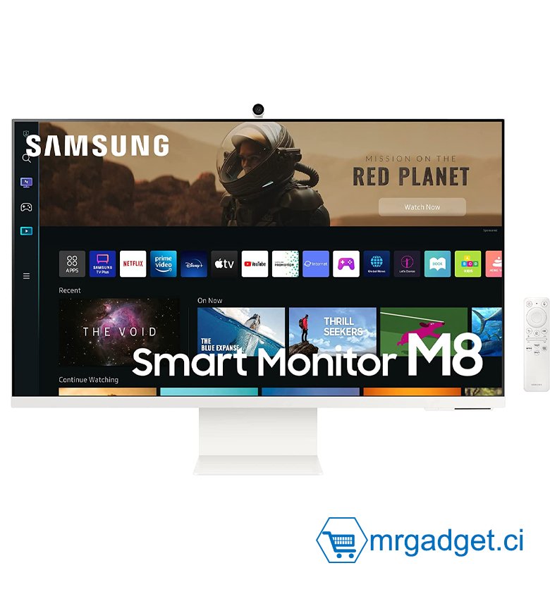 Samsung Smart Monitor M8 32’’ en resolution UHD 4K. Le 1er écran tout-en-un pour accéder facilement à vos applications de divertissement et travail.