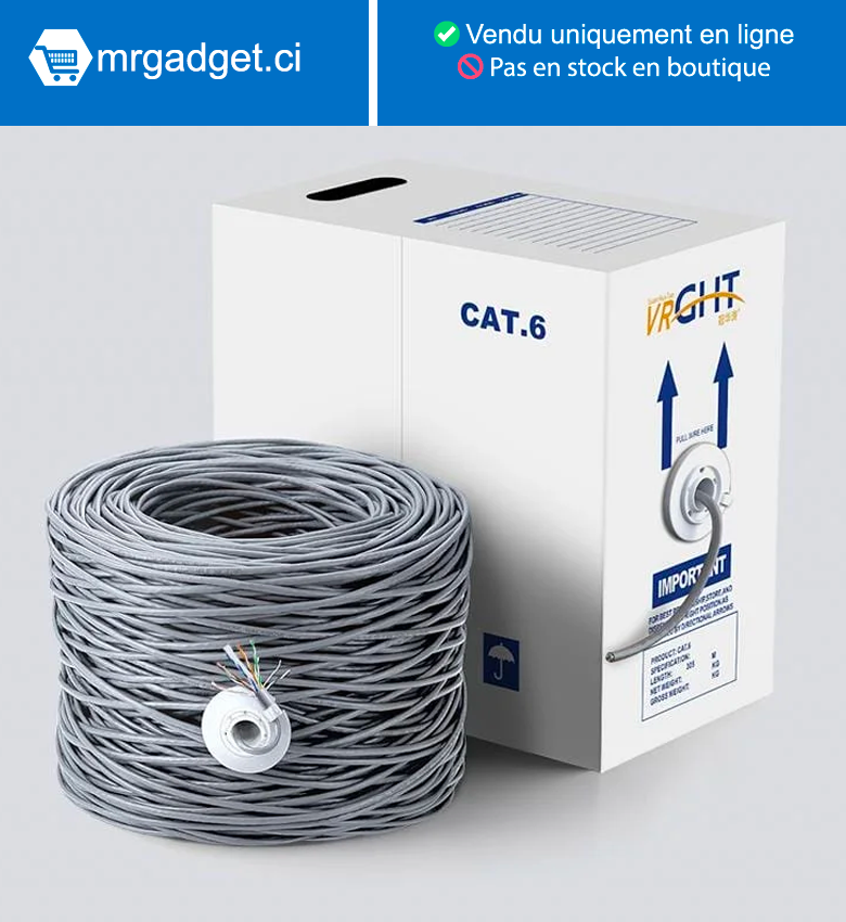 Câble Réseau Ethernet Cat6 UTP CCA 305 m - RJ45 LAN Gigabit, Gris