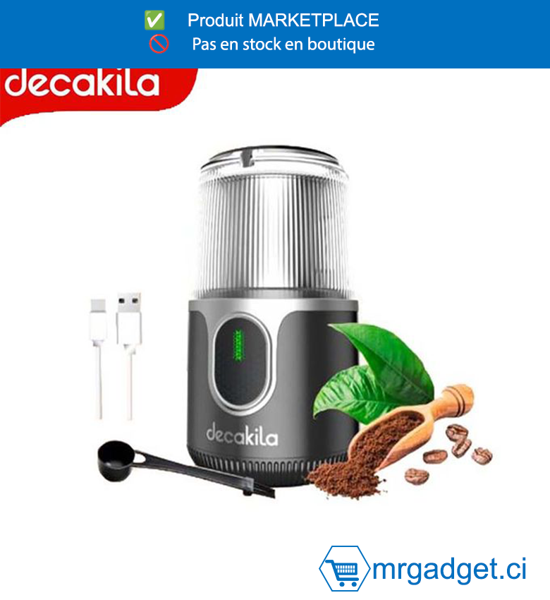 DECAKILA-KMCF022B-MOULIN A CAFE SANS FIL  40g/ 90W ,Conception de protection du couvercle sécurisé  Lame de broyage en acier inoxydable,1 ligne de chargement USB 1 cuillère et  brosse 2 en 1 Emballé par boîte de couleur