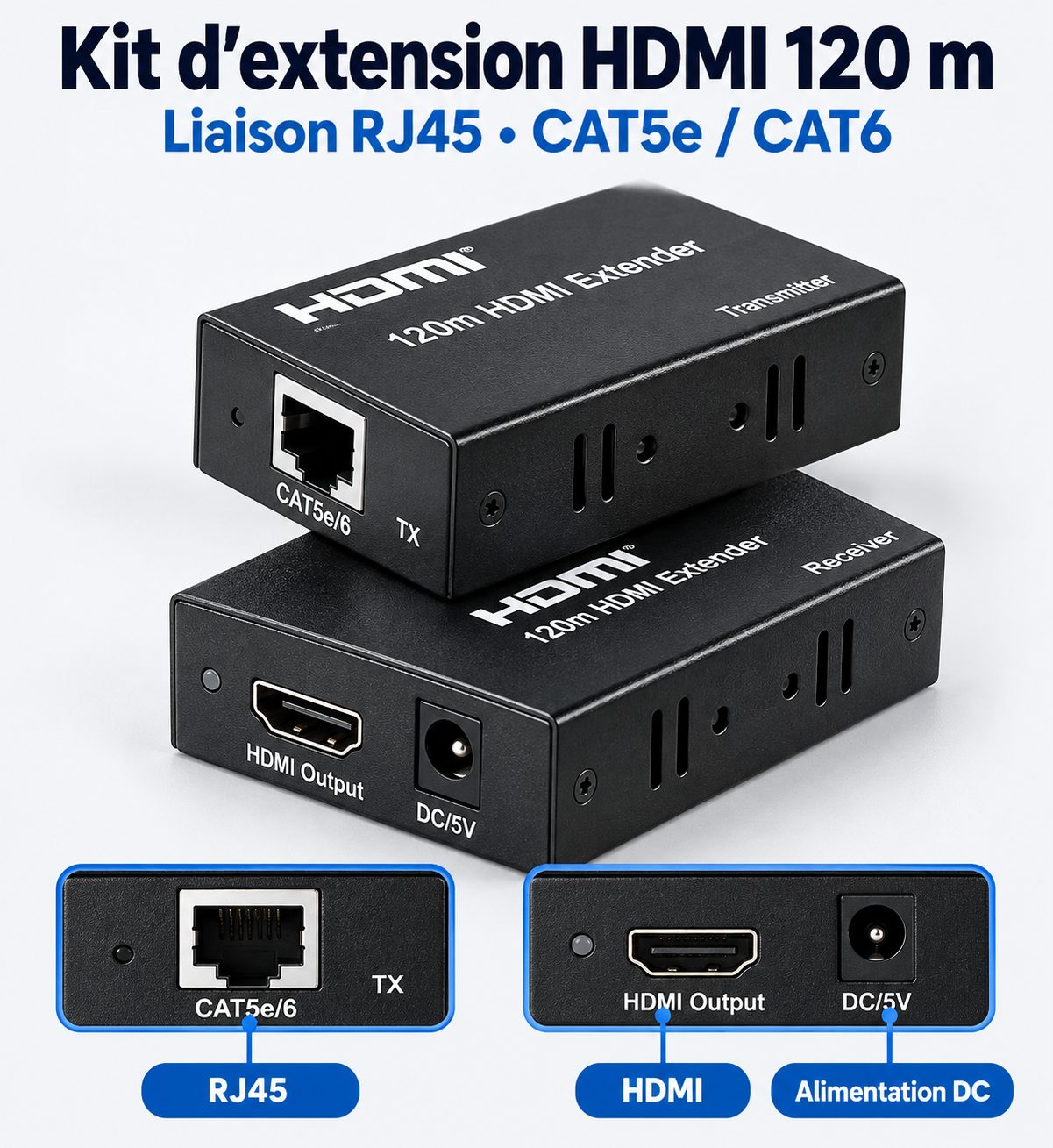 Kit Extendeur HDMI 120 m via RJ45 CAT5e/CAT6 – Émetteur et récepteur longue distance