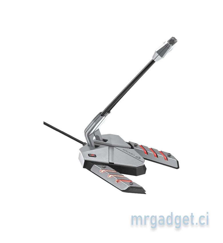 Microphone de jeu USB Vertux Streamer 3. Microphone anti-vibration à cou flexible haute intensité avec rétroéclairage LED multicolore, port audio 3,5 mm, bouton de sourdine et support de poids métallique - Gris