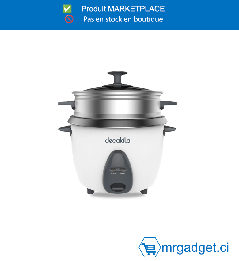 DECAKILA CUISEUR DE RIZ - KEER035W - 2,8 L (15 tasses) Tension : 220-240 V  50-60 Hz - 900 W Avec revêtement  antiadhésif sur un côté  Avec 1 cuillère Avec 1 tasse à mesurer Avec 1  panier à vapeur en aluminium Emballé par boîte  de couleur