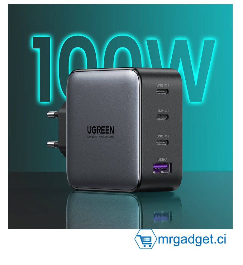 UGREEN 100W 4 ports GaN USB C Chargeur rapide pour ordinateur portable Prise de charge Type C Adaptateur secteur compatible avec MacBook Pro/Air, iPhone 14 Pro Max/14/13, iPad Pro/Mini, Galaxy S22  d'ordinateurs portables, tablettes, téléphones  #10034