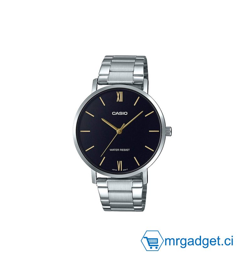 MONTRE CASIO HOMME – BRACELET GRIS EN ACIER INOXYDABLE – RÉSISTANTE À L’EAU – MTP-VT01D-1BUDF