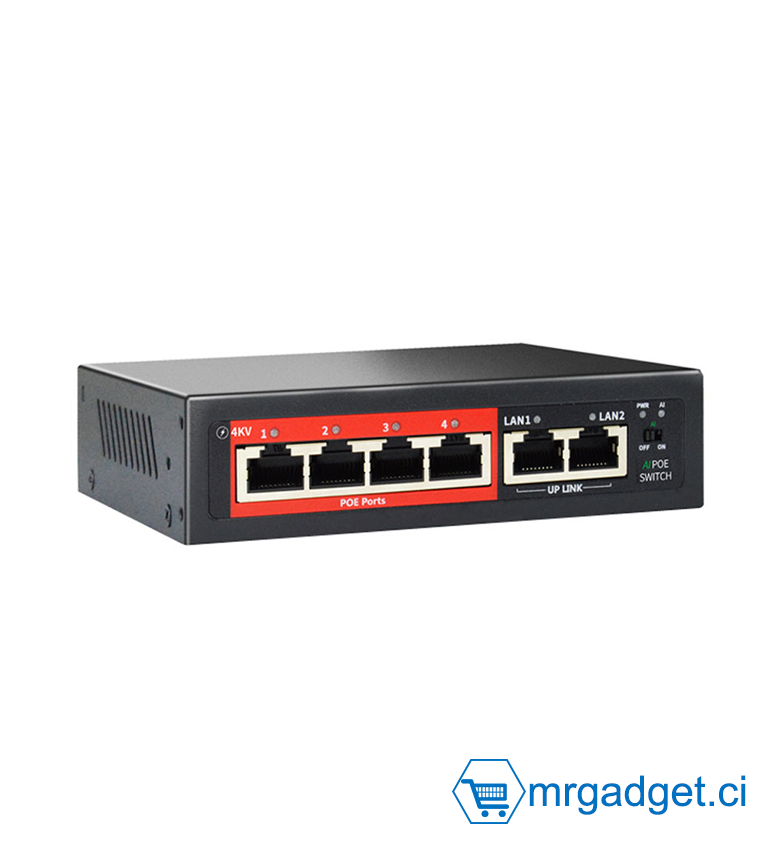 Switch - Switch Commutateur PoE+ 4 Ports PG-POE204DL - 4x 10/100Mbps PoE + 2 Uplink RJ45 - Mode AI Extend 250m & VLAN - Idéal Vidéosurveillance IP, Caméras & Wi-Fi - Boîtier Métal Robuste - Plug & Play - Alimentation Intégrée - Switch Professionnel