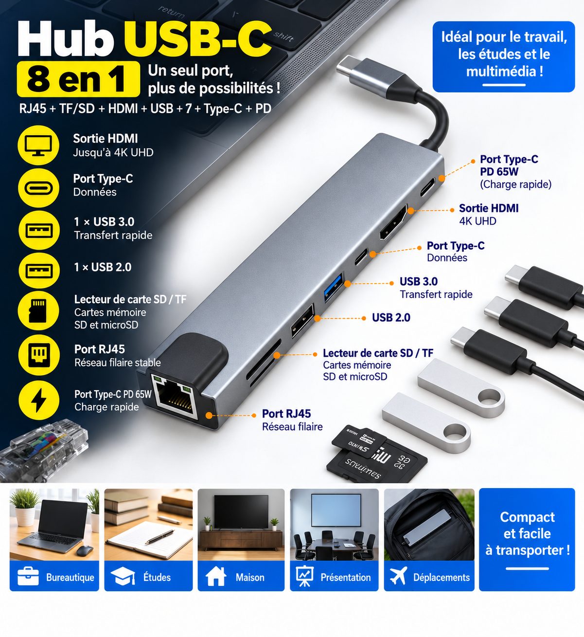Hub USB-C 8 en 1 avec HDMI 4K, RJ45 Ethernet, USB 3.0, Lecteur SD/TF, Type-C et PD pour PC Portable MacBook